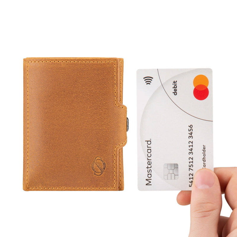 Santo Slim Wallet mit Münzfach | Kreditkartenetui Kartenhalter Geldbeutel | RFID Protection | aus Echtleder mit Kreditkarte Farbe Hellbraun